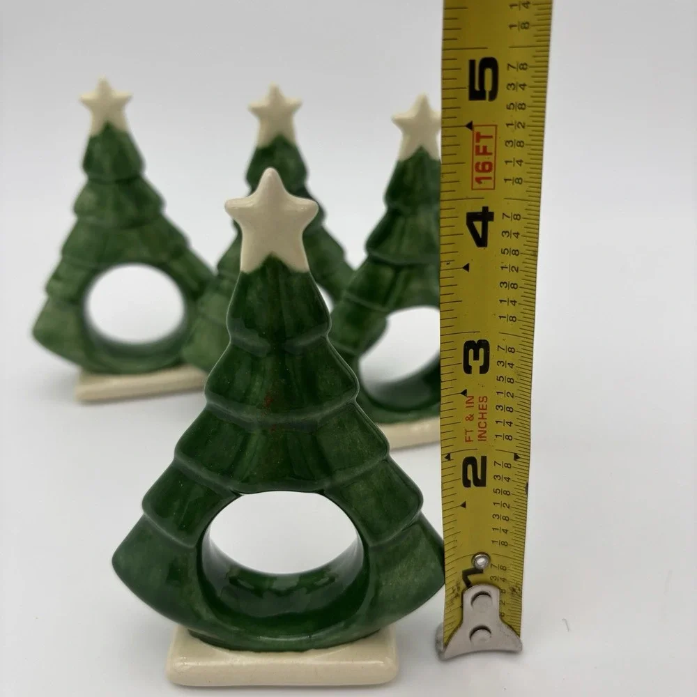 Christmas Ceramic Tree Napkin Rings Handmade &‎ Perfect! Set Of 4 Vintage